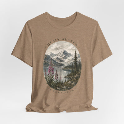 Soft nature t-shirt printed with an oval Alaska scene of snowy peaks, a still lake and fireweed by Evernorth — view 31