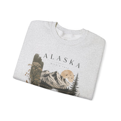 Soft crewneck sweatshirt with a muted Alaska mountain, lake, evergreen and moose illustration by Evernorth — view 13