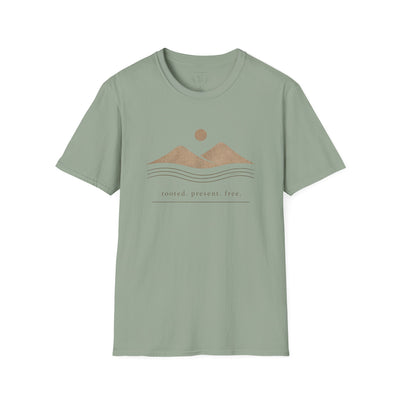 Minimalist Mountains T-Shirt, grounded. present. free. Nature Graphic Tee, product photo, nature-inspired graphic tee by Evernorth Design