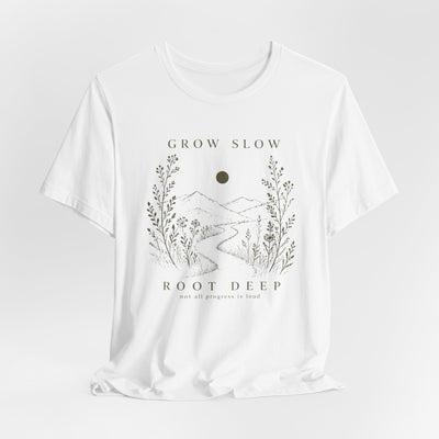 Grow Slow Root Deep tee, botanical mountain illustration, product photo, botanical graphic tee by Evernorth Design