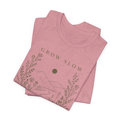 Grow Slow Root Deep tee, botanical mountain illustration, product photo, botanical graphic tee by Evernorth Design