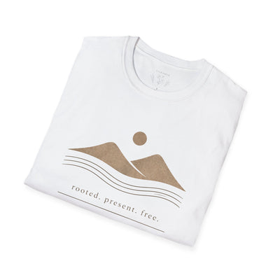 Minimalist Mountains T-Shirt, grounded. present. free. Nature Graphic Tee, product photo, nature-inspired graphic tee by Evernorth Design