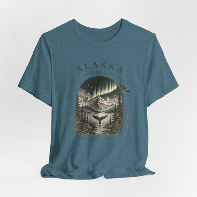 Graphic t-shirt with a vintage Alaska aurora scene of glowing peaks, a whale tail and soaring eagle by Evernorth — view 22