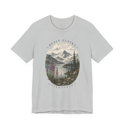 Soft nature t-shirt printed with an oval Alaska scene of snowy peaks, a still lake and fireweed by Evernorth — design detail