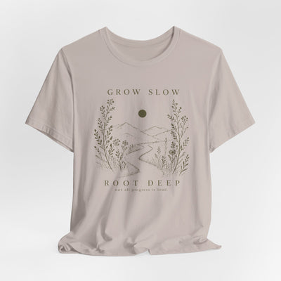 Grow Slow Root Deep tee, botanical mountain illustration, product photo, botanical graphic tee by Evernorth Design