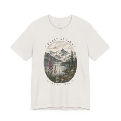 Soft nature t-shirt printed with an oval Alaska scene of snowy peaks, a still lake and fireweed by Evernorth — view 23