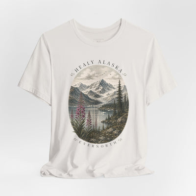 Soft nature t-shirt printed with an oval Alaska scene of snowy peaks, a still lake and fireweed by Evernorth — view 22