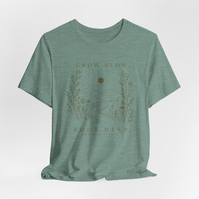 Grow Slow Root Deep tee, botanical mountain illustration, product photo, botanical graphic tee by Evernorth Design