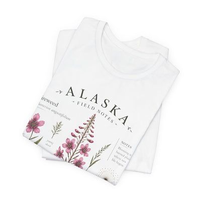 Botanical t-shirt with a delicate Alaska fireweed and wildflower illustration in muted pinks and greens by Evernorth — view 27