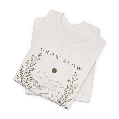 Grow Slow Root Deep tee, botanical mountain illustration, product photo, botanical graphic tee by Evernorth Design