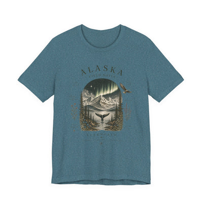Graphic t-shirt with a vintage Alaska aurora scene of glowing peaks, a whale tail and soaring eagle by Evernorth — view 19
