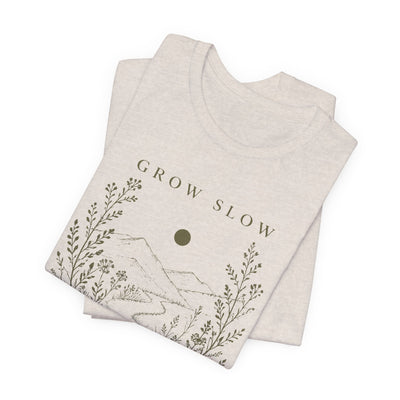 Grow Slow Root Deep tee, botanical mountain illustration, product photo, botanical graphic tee by Evernorth Design