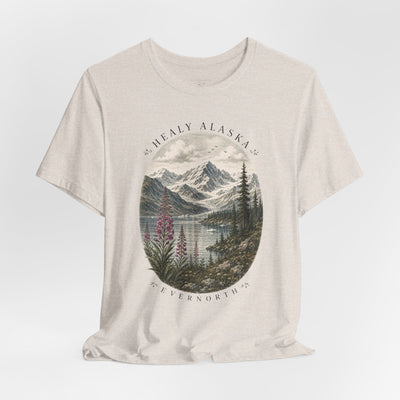 Soft nature t-shirt printed with an oval Alaska scene of snowy peaks, a still lake and fireweed by Evernorth — view 27