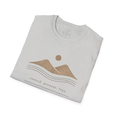 Minimalist Mountains T-Shirt, grounded. present. free. Nature Graphic Tee, product photo, nature-inspired graphic tee by Evernorth Design