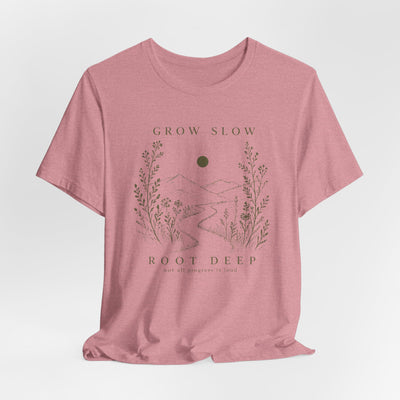 Grow Slow Root Deep tee, botanical mountain illustration, product photo, botanical graphic tee by Evernorth Design