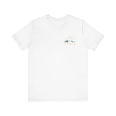 Soft jersey t-shirt with a detailed Healy Alaska mountain and spruce illustration in earthy tones by Evernorth — view 10