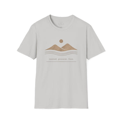 Minimalist Mountains T-Shirt, grounded. present. free. Nature Graphic Tee, product photo, nature-inspired graphic tee by Evernorth Design