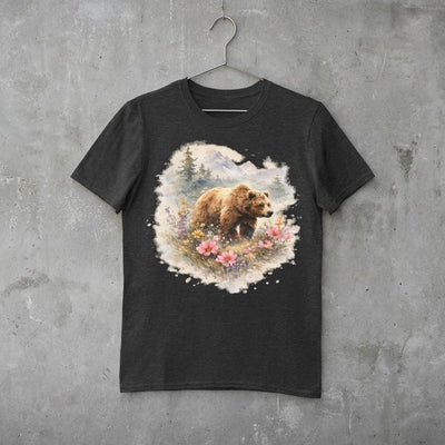 Bear Illustration T-Shirt, Mountain Nature Scene, product photo, Alaska-inspired and nature-inspired Alaska graphic tee by Evernorth Design