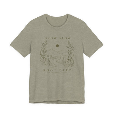 Grow Slow Root Deep tee, botanical mountain illustration, product photo, botanical graphic tee by Evernorth Design