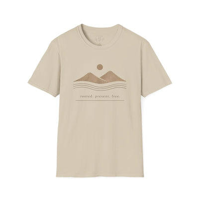 Minimalist Mountains T-Shirt, grounded. present. free. Nature Graphic Tee, product photo, nature-inspired graphic tee by Evernorth Design