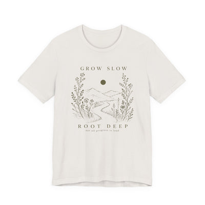 Grow Slow Root Deep tee, botanical mountain illustration, product photo, botanical graphic tee by Evernorth Design