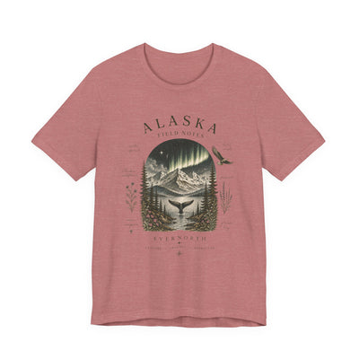 Graphic t-shirt with a vintage Alaska aurora scene of glowing peaks, a whale tail and soaring eagle by Evernorth — back view