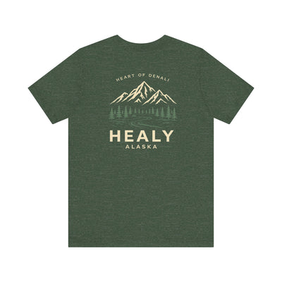 Soft jersey t-shirt with a detailed Healy Alaska mountain and spruce illustration in earthy tones by Evernorth — view 26