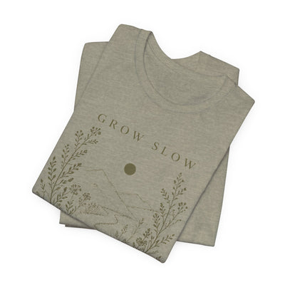 Grow Slow Root Deep tee, botanical mountain illustration, product photo, botanical graphic tee by Evernorth Design