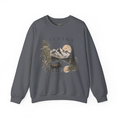 Soft crewneck sweatshirt with a muted Alaska mountain, lake, evergreen and moose illustration by Evernorth — view 8