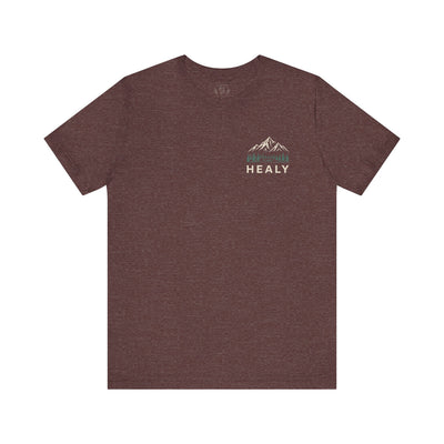 Soft jersey t-shirt with a detailed Healy Alaska mountain and spruce illustration in earthy tones by Evernorth — view 13