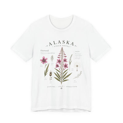 Botanical t-shirt with a delicate Alaska fireweed and wildflower illustration in muted pinks and greens by Evernorth — view 25
