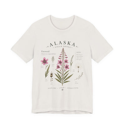 Botanical t-shirt with a delicate Alaska fireweed and wildflower illustration in muted pinks and greens by Evernorth — view 17