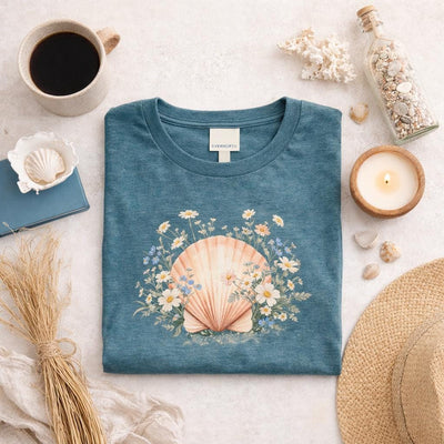 Seashell Bouquet Tee, Floral Shell Illustration, Beachy Pastel Art, product photo, botanical graphic tee by Evernorth Design
