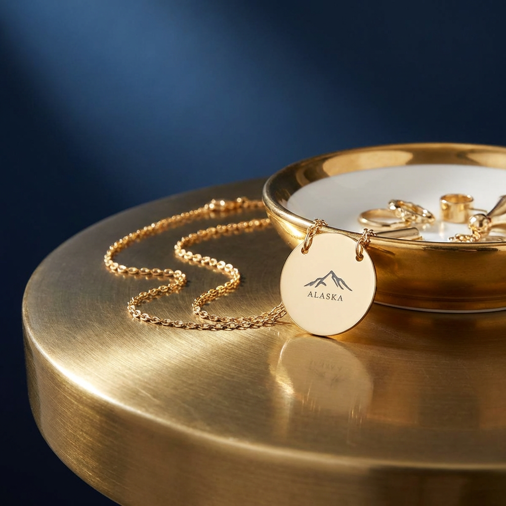 Alaska clothing by Evernorth Design - Mountain Engraving Circle Necklace | Round Pendant Necklace