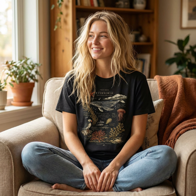 Ocean Wildlife Illustration Tee, Vintage Whale & Sea Creatures Graphic Shirt, main product photo, nature-inspired coastal graphic tee by Evernorth Design