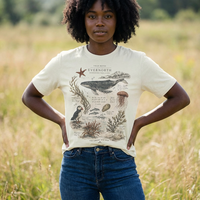 Ocean Wildlife Illustration Tee, Vintage Whale & Sea Creatures Graphic Shirt, product photo, nature-inspired coastal graphic tee by Evernorth Design