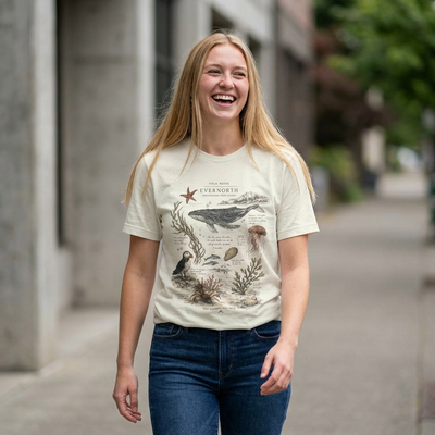 Ocean Wildlife Illustration Tee, Vintage Whale & Sea Creatures Graphic Shirt, product photo, nature-inspired coastal graphic tee by Evernorth Design