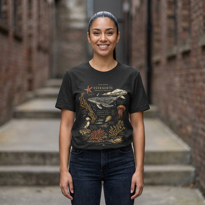 Ocean Wildlife Illustration Tee, Vintage Whale & Sea Creatures Graphic Shirt, product photo, nature-inspired coastal graphic tee by Evernorth Design