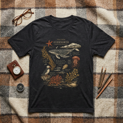 Ocean Wildlife Illustration Tee, Vintage Whale & Sea Creatures Graphic Shirt, product photo, nature-inspired coastal graphic tee by Evernorth Design