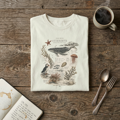 Ocean Wildlife Illustration Tee, Vintage Whale & Sea Creatures Graphic Shirt, product photo, nature-inspired coastal graphic tee by Evernorth Design