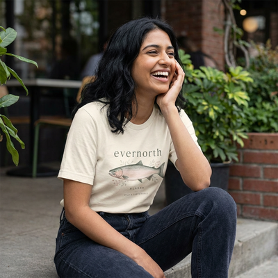 Evernorth Salmon Tee, Fishing & Coastal Graphic T-Shirt, product photo, nature-inspired coastal graphic tee by Evernorth Design