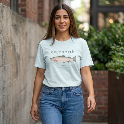 Evernorth Salmon Tee, Fishing & Coastal Graphic T-Shirt, product photo, nature-inspired coastal graphic tee by Evernorth Design