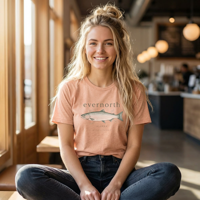 Evernorth Salmon Tee, Fishing & Coastal Graphic T-Shirt, product photo, nature-inspired coastal graphic tee by Evernorth Design