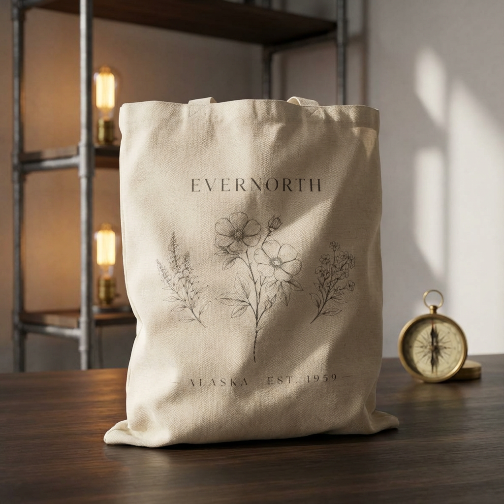 Evernorth Floral Canvas Tote Bag, Minimal Botanical Cotton Market Tote, main product photo, nature-inspired everyday bag by Evernorth Design
