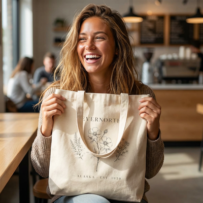 Evernorth Floral Canvas Tote Bag, Minimal Botanical Cotton Market Tote, product photo, nature-inspired everyday bag by Evernorth Design