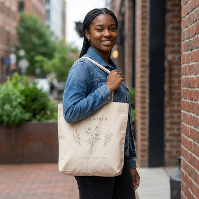 Evernorth Floral Canvas Tote Bag, Minimal Botanical Cotton Market Tote, product photo, nature-inspired everyday bag by Evernorth Design