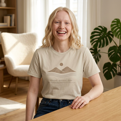 Minimalist Mountains T-Shirt, grounded. present. free. Nature Graphic Tee, product photo, nature-inspired graphic tee by Evernorth Design