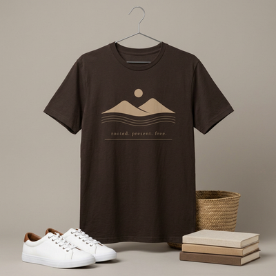 Minimalist Mountains T-Shirt, grounded. present. free. Nature Graphic Tee, product photo, nature-inspired graphic tee by Evernorth Design