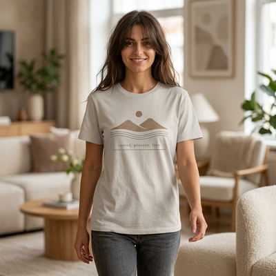 Minimalist Mountains T-Shirt, grounded. present. free. Nature Graphic Tee, product photo, nature-inspired graphic tee by Evernorth Design
