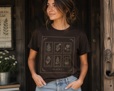Botanical Tarot Tee, Minimal Floral Card Illustration T-Shirt, product photo, Alaska-inspired and nature-inspired Alaska graphic tee by Evernorth Design